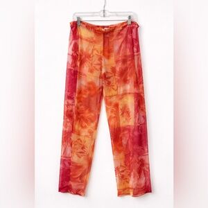 Y2K Style Sheer Palm Print Pants Red Tropical Mesh Resort Beach M/L Summer
